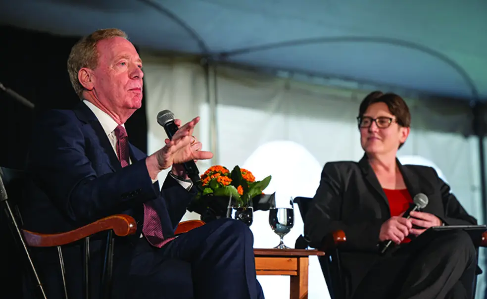 AISummit.jpg From left, Microsoft Corp. president Brad Smith ’81 and Princeton provost Jennifer Redford ’91.