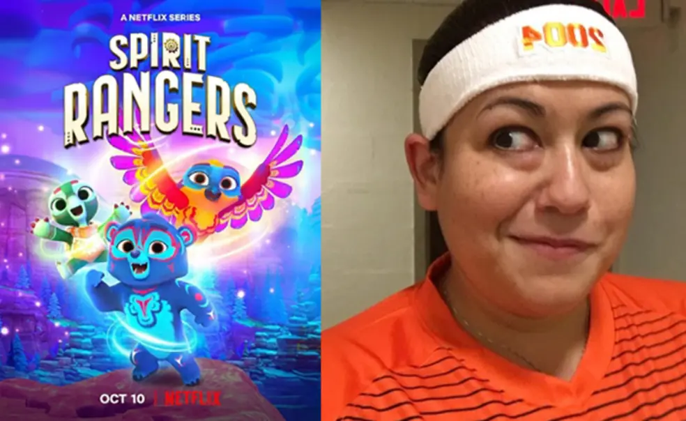 Carleeandposter.jpg The left side is a poster for Spirit Rangers, showing the characters as brightly colored animals; the right side is Carlee Malemute ’04.