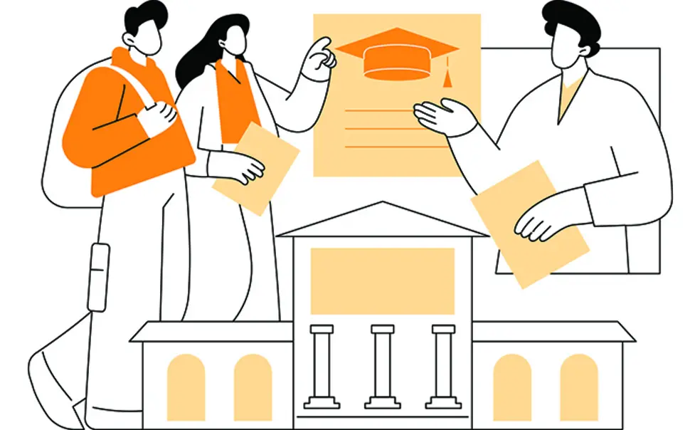 Illustration of a man and a woman wearing orange and talking with a college consultant who's gesturing toward an orange graduation cap/mortarboard. 