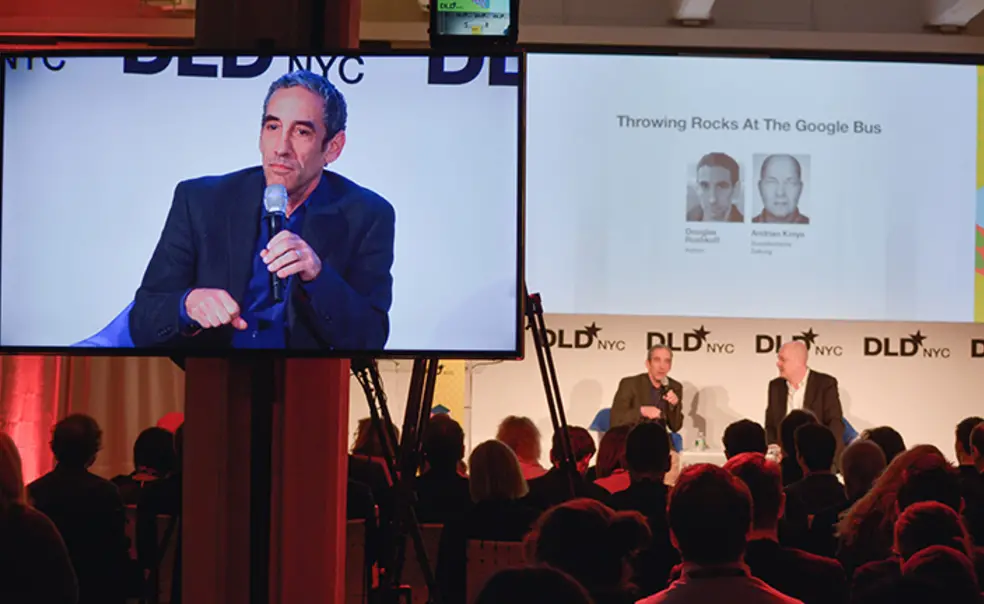 DouglasRushkoff.jpg Douglas Rushkoff ’83 speaks at the DLDnyc Conference in 2016.