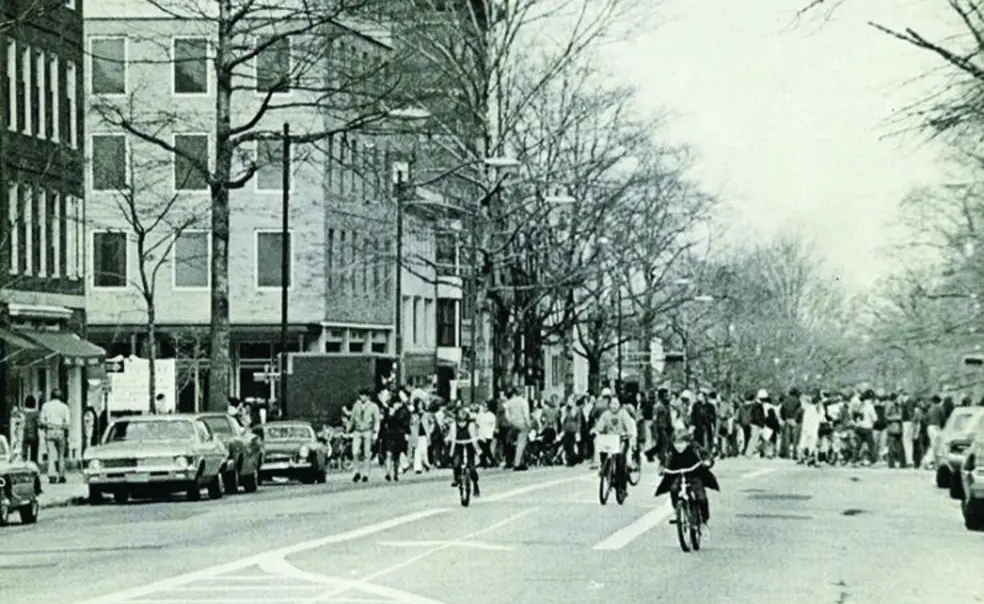 FTA April.jpg A black-and-white photo on the cover of PAW showing people bicycling down Nassau Street and a sign reading "Road Closed."