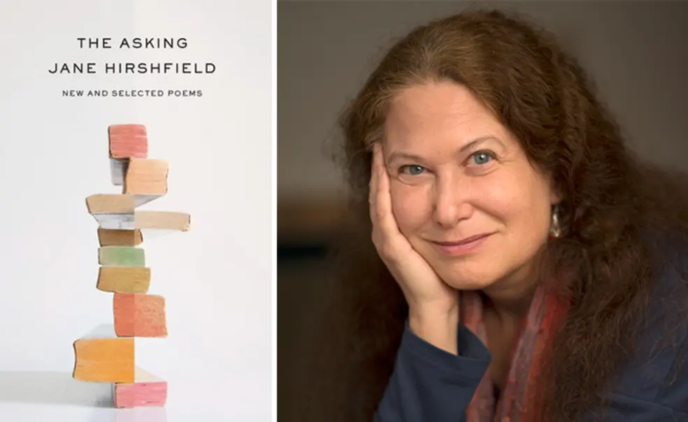 JaneHirshfield_web.jpg Right, a photo of Jane Hirshfield ’73; left, the cover of her new book, "The Asking: New and Selected Poems," featuring a photo of stacked books, each one with the edges of its pages painted a different color.