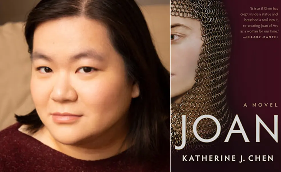 Katherine J. Chen Photo (Please credit Elena Seibert).jpg The left side of this image is a headshot photo of Katherine Chen; the right side is the cover of her book, Joan, featuring Joan of Arc's head wearing chain mail.