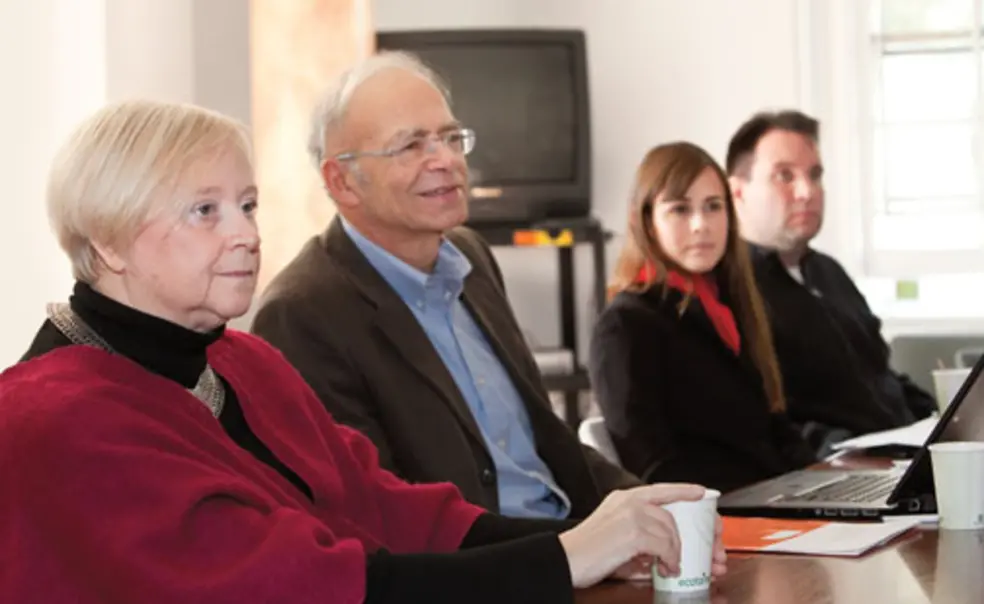 LIVE.NB_Conference.jpg  Organizers of the “Open Hearts, Open Minds” conference at an Oct. 15 press conference: from left, Frances Kissling of the University of Pennsylvania, Peter Singer of Princeton, Jennifer Miller of Bioethics International, and Charles Camosy of Fordham