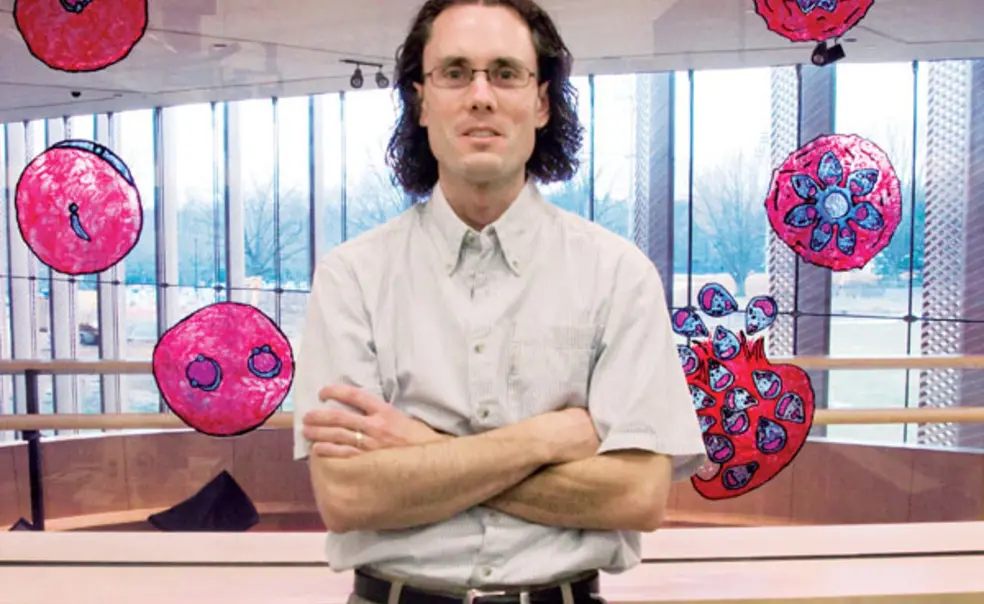 LIVE.NB_Llinas.jpg Assistant professor Manuel Limas hopes to find ways to break the malaria parasite's 48-hour cycle, depicted in the illustrations at Icahn Lab.