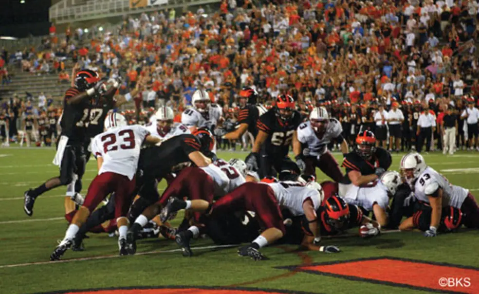 LIVE.SP_Lafayette.jpg Jordan Culbreath '11, in foreground, reaches across for the winning touchdown against Lafayette Sept. 25.