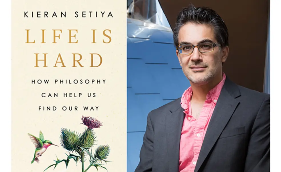 The right side of this image is a headshot photo of Kieran Setiya; the left side is the cover of his book, "Life is Hard: How philosophy can help us find our way."