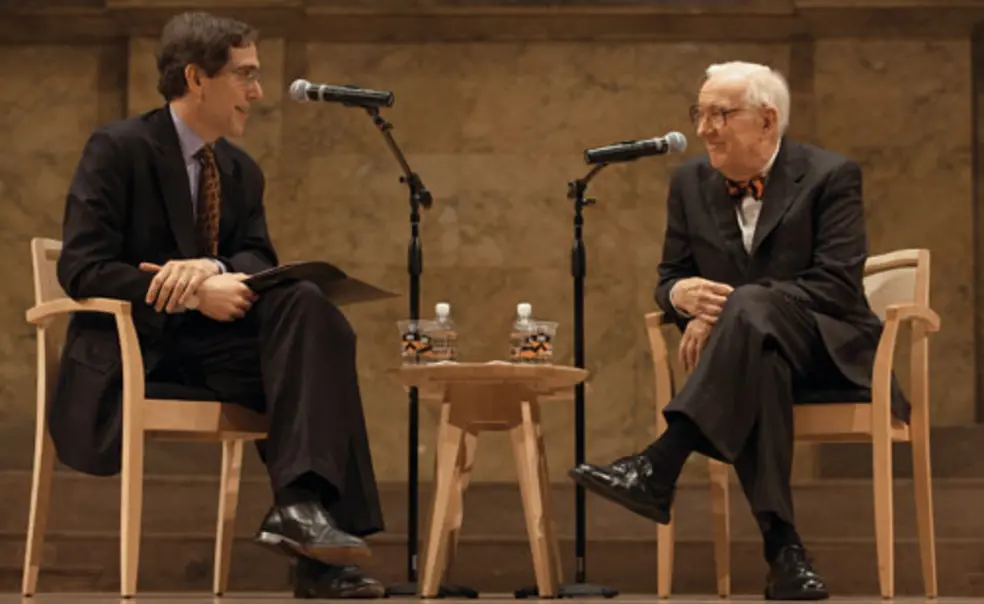 NB_Stevens.jpg Former Supreme Court Justice John Paul Stevens, right, is questioned by Provost Christopher Eisgruber '83, one of Stevens’ former law clerks, during a conversation in Richardson Auditorium.