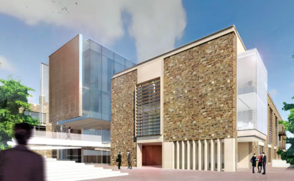 A collegiate-gothic exterior; lots of light and glass within A collegiate-gothic exterior; lots of light and glass within