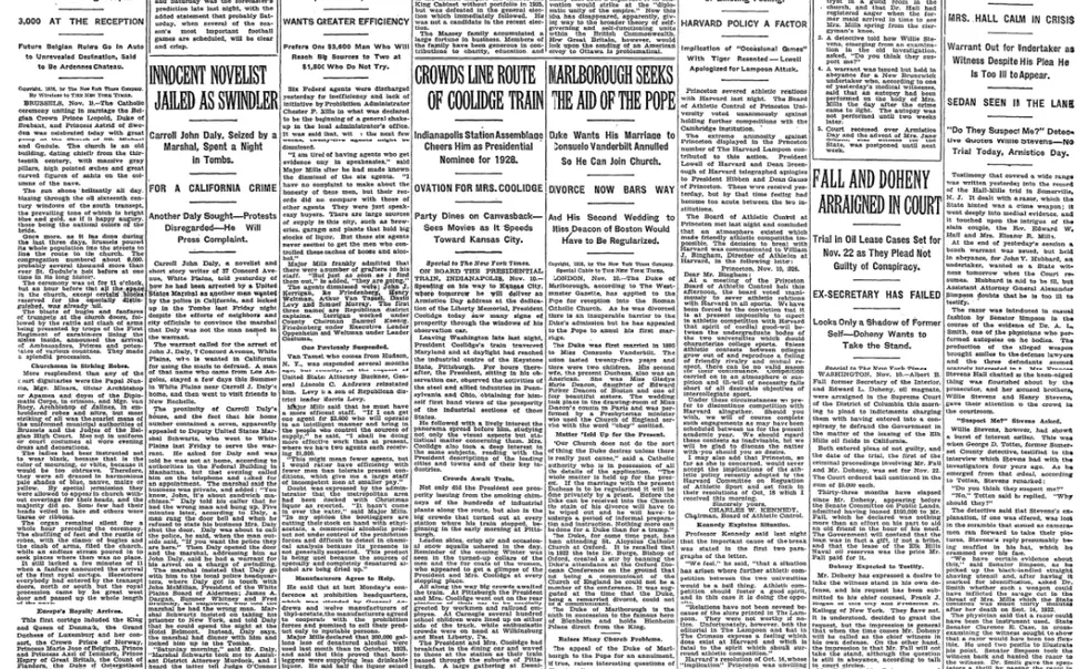 NYT_111126.jpg The front page of The New York Times on Nov. 11, 1926, featuring an article titled, “Princeton Severs Ties with Harvard After Long Discord.” Days earlier, Princeton defeated Harvard 12-0.