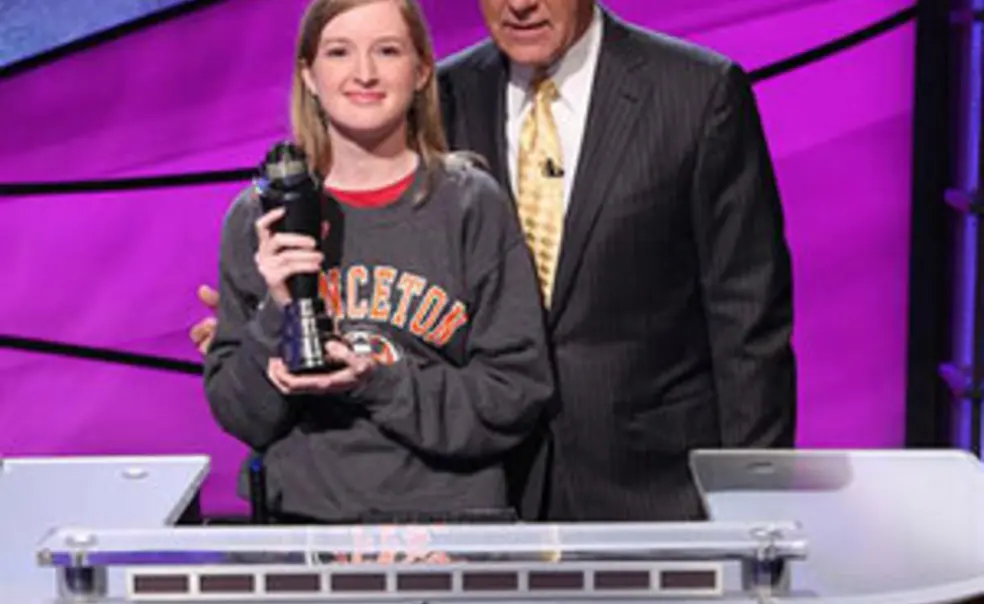 Terry OâShea '16, pictured with Alex Trebek, is a lifelong Jeopardy! fan. (Photo: Courtesy Jeopardy! Productions Inc.)