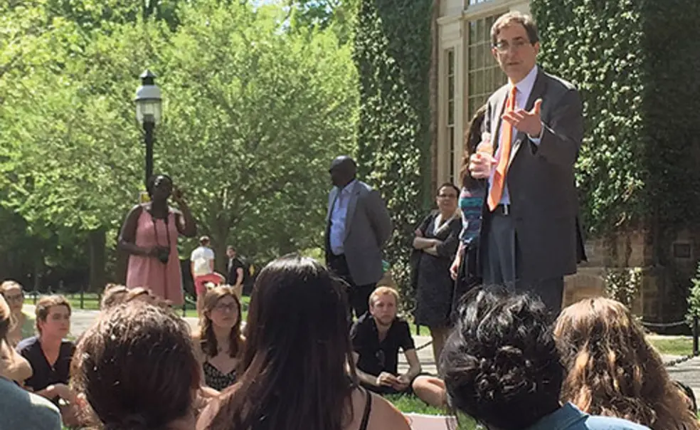OTC-BanTheBox1286n.jpg President Eisgruber ’83 addresses a May teach-in by “ban the box” advocates.
