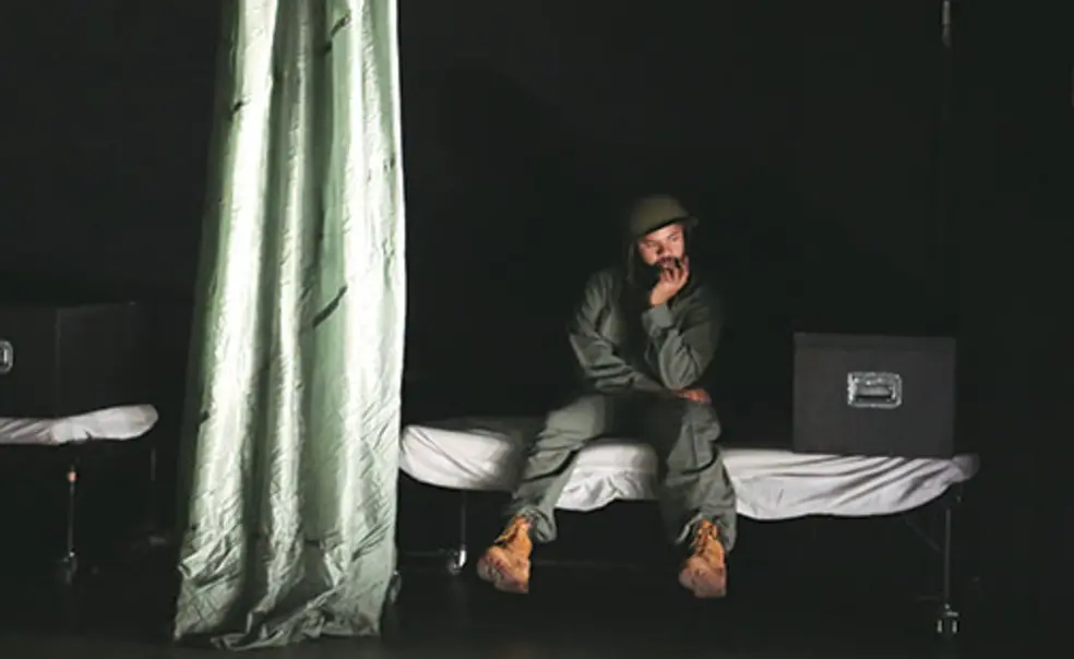 OTC-Dispatch-uncroppedNew.jpg Blake Edwards ’15 in The Basic Training of Pavlo Hummel, one of two student productions focused on the Vietnam War.
