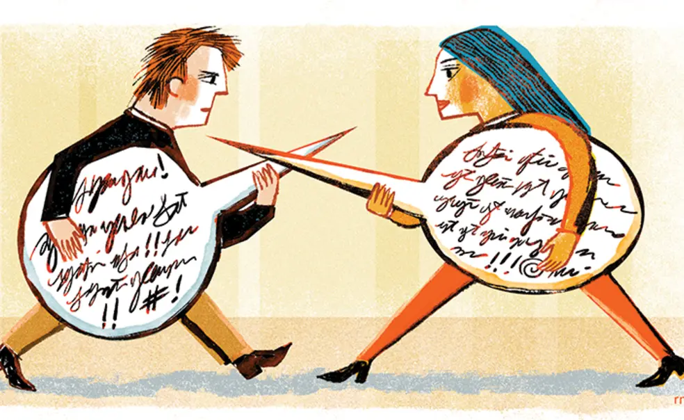OTC_FreeSpeach.jpg This is an illustration of students fighting each other with speech bubbles.