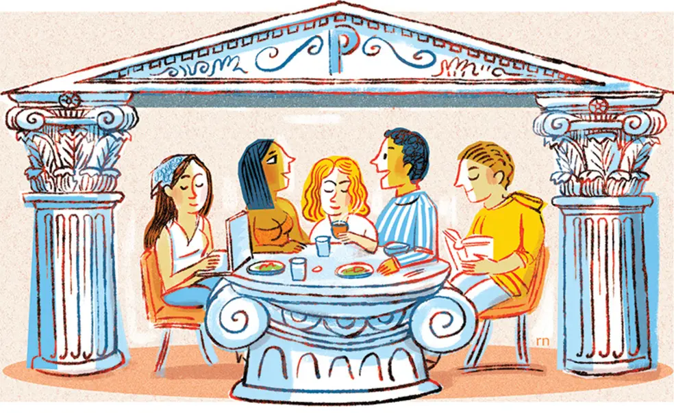 OTC_Student Dispatch Greece!F.jpg Illustration of five students in a Greek restaurant; two are talking, one is on a laptop, one is reading a book, and one is drinking steaming hot coffee.