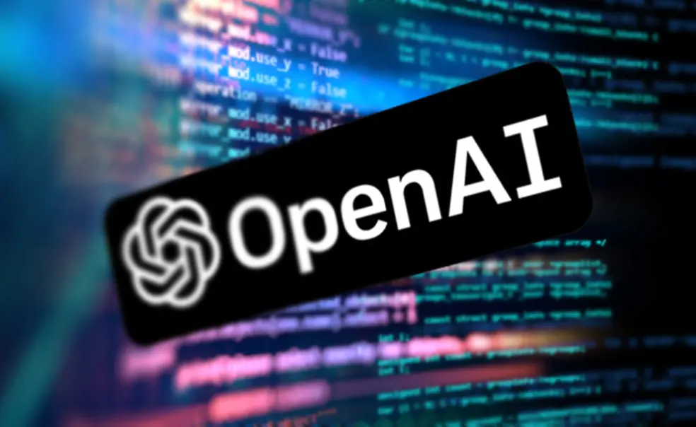 OpenAI graphic.jpg This illustration has the text "Open AI" in front of a background like computer code.