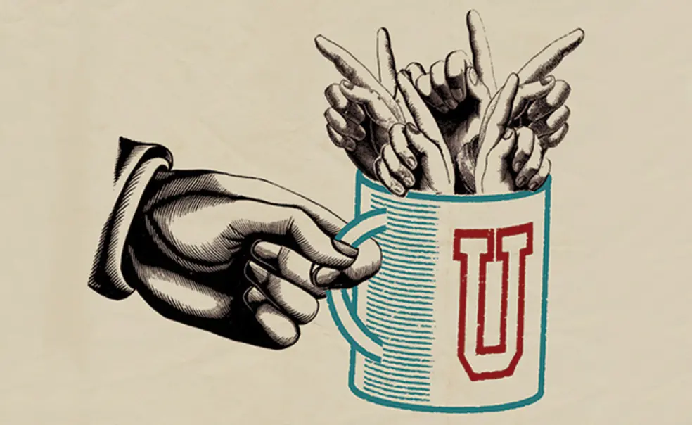 PrincetonPrinciples.jpg Illustration of a hand holding a coffee mug with the letter "U" on it, filled with six hands all pointing up their index fingers.