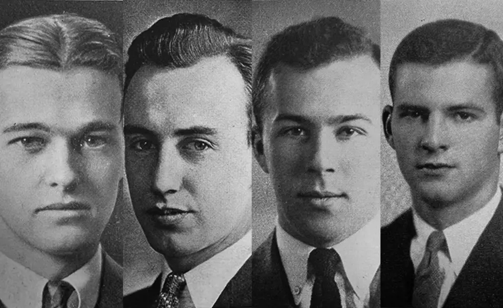 Rally0422_collage.jpg From left are black-and-white Nassau Herald photos of George F. Kennan 1925, Adlai Stevenson 1922, George Shultz ’42, and James A. Baker ’52.