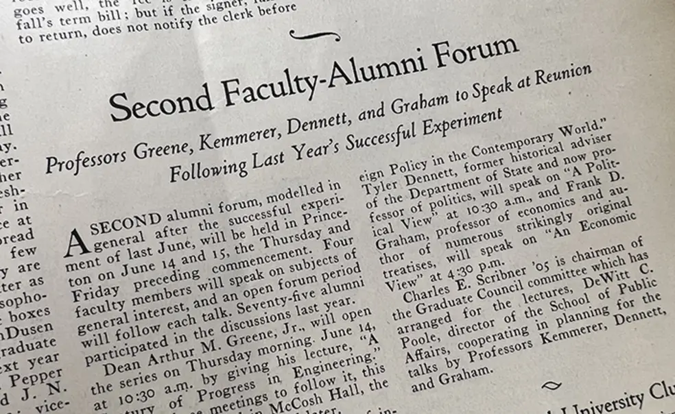 Rally_forum2.jpg An article headlined: Second Faculty-Alumni Forum: Professors Greene, Kemmerer, Dennett, and Graham to Speak at Reunion Following Last Year's Successful Experiment.