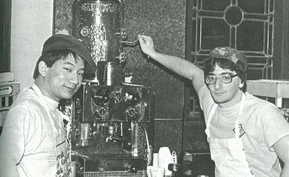 Dave Lee â86, left, and Steve Fein â86 show off Chancellor Greenâs coffee bar in 1985. (Larry Wolfen â87/PAW Archives)
