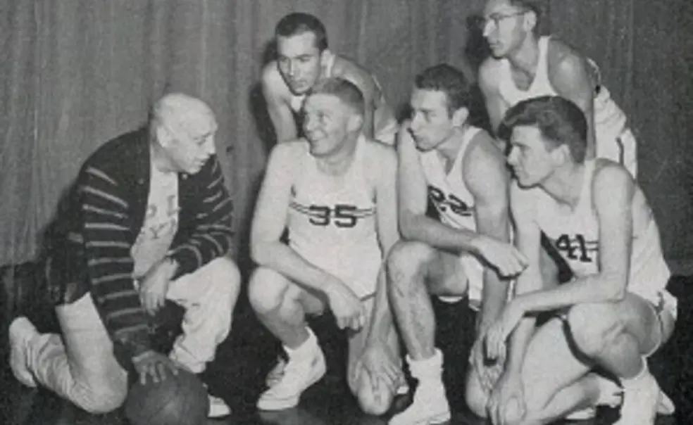 Coach Cappy Cappon in 1958 with, from left, Jim Brangan â60, David Fulcomer â58, Carl Belz â59, Artie Klein â60, and Joseph Burns â59. Herman Belz â59 replaced Fulcomer in the 1958-59 âiron five.â (Photo: PAW Archiv