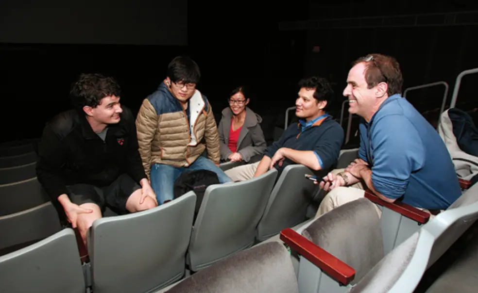 From left, Daniel Vitek, Congling Qiu, Alta Fang, and Florian Sprung spoke with PAWâs Mark F. Bernstein â83 about their impressions of Ph.D. Movie 2. (Frank Wojciechowski)