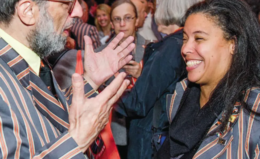 pres_3.jpg Eli Arthur Schwartz *60 and Patrice Jean *99, adorned in their Association of Princeton Graduate Alumni Reunions jackets, enjoy a conversation during the “Many Minds, Many Stripes” conference.