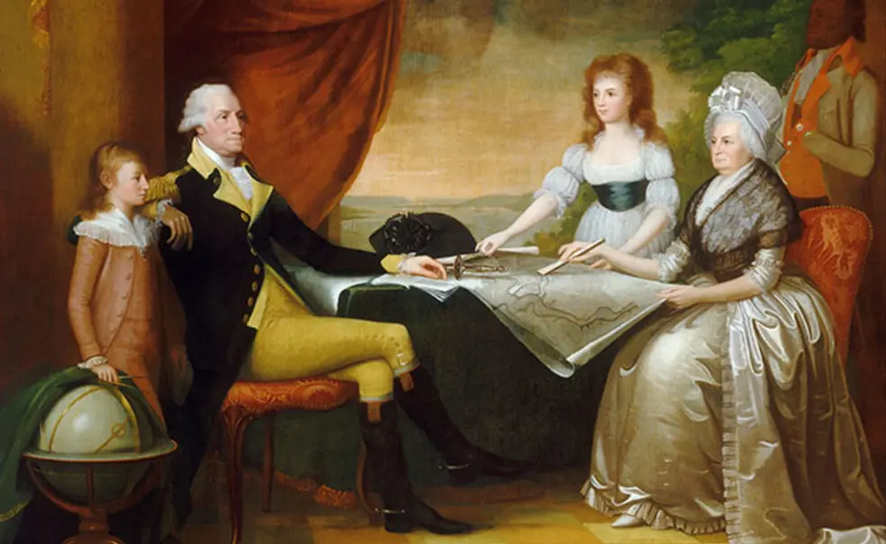 The Washington Family, by Edward Savage, part of the Mellon Collection at the National Gallery of Art, shows the first president with wife Martha, her granddaughter Eleanor, and grandson George Washington Parke Custis, then 10 years old.
