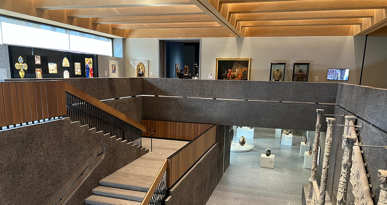 A view from the second floor of the Princeton University Art Museum, looking down the main staircase.