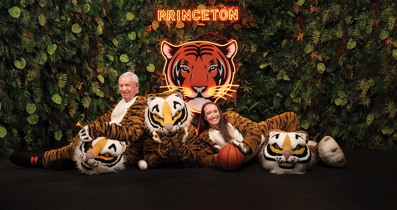 Along with sharing their stories, former mascots Tom Culp ’69, left, and Emily Henkelman ’04 agreed to suit up again.