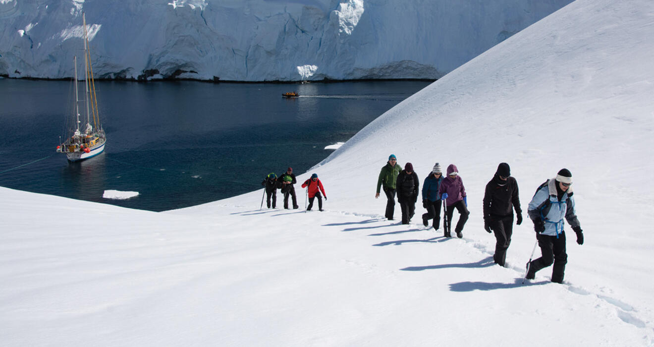 Members of the 60 South traveling party set foot in Antarctica after sailing the Ocean Tramp from Ushuaia, Argentina.