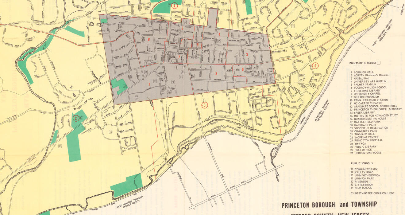 A 1967 map of Princeton Borough and Princeton Township shows the doughnut hole occupied largely by the University.