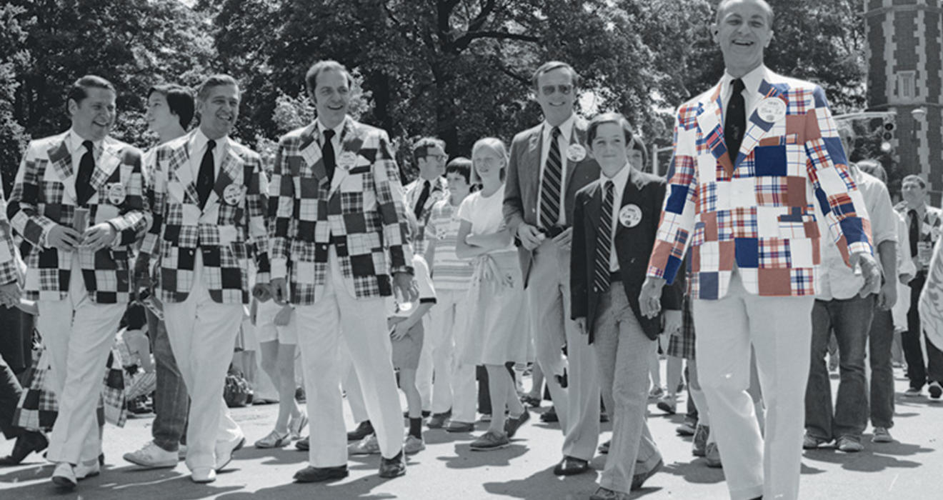 Members of the Class of ’51 march in the 1976 P-rade wearing their red, white, and blue jackets