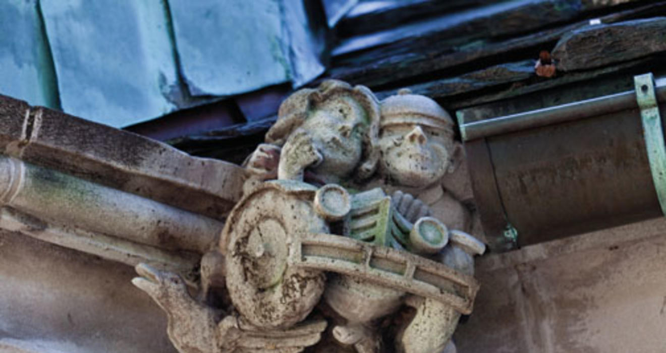 The “Joy Ride” gargoyle on the Graduate College shows a student and his date ­running down farm animals on a country jaunt.