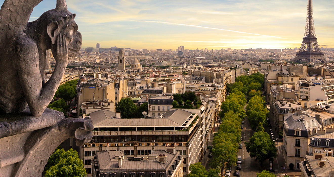 Paris with a gargoyle in the background and a gargoyle in the foreground.
