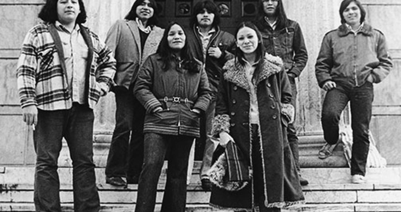 The 1970s were a “golden age” of American Indian life on campus, says retired curator Alfred Bush. From left, in 1973: Louis Ballard ’76 (Osage-Quapaw-Delaware), Conroy Chino *73 (Acoma Pueblo), Lorene Reano ’75 (Santa Domingo Pueblo), Regis Pecos