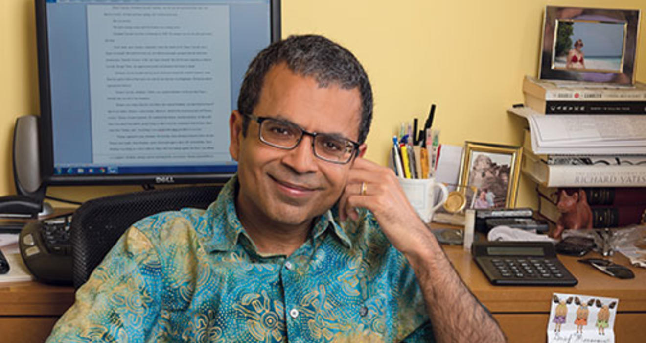 Akhil Sharma ’92 at his desk in his home office in New York City, where he does his writing.