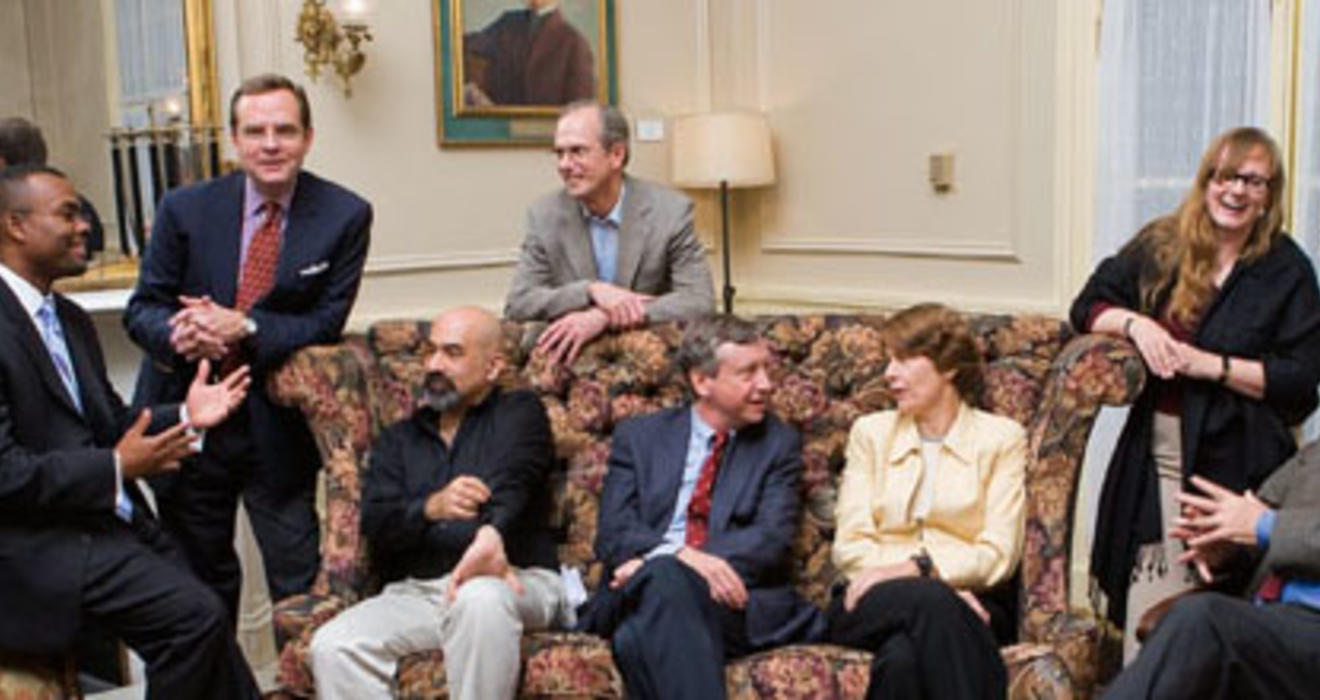 The panelists: from left, Eddie S. Glaude Jr. *97, Todd Purdum ’82, David Spergel ’82, William Russel (standing), Sean Wilentz, Elizabeth Bogan, Emily Thompson *92, and Michael Wood.