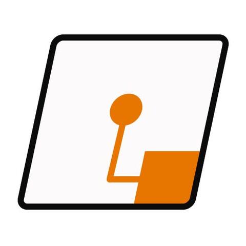 A white box with an orange line inside, where one end is a square and one end is a circle.