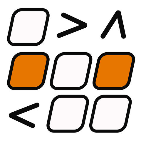 Nine symbols in a square; most are rounded orange or white squares, a few are the letter "v" facing different ways.