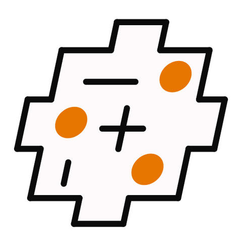 A geometric shape with orange circles and plus and minus signs inside.