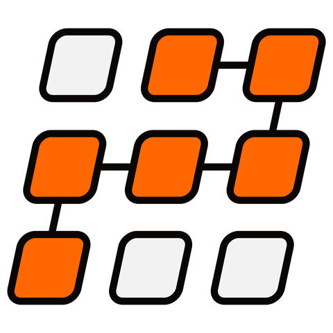 Nine rhombuses arranged in three rows, with six that are orange connected.