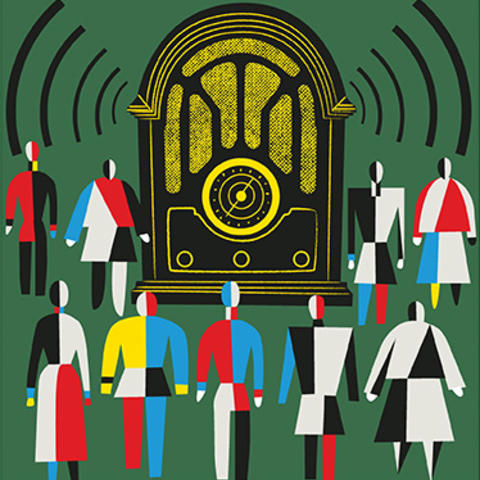 Soviet style propaganda poster illustration with multiple people listening to a radio and being affected by the waves