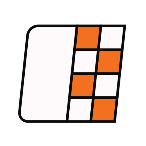 A slanted square where the right half is eight smaller squares checkerboarded in white and orange.
