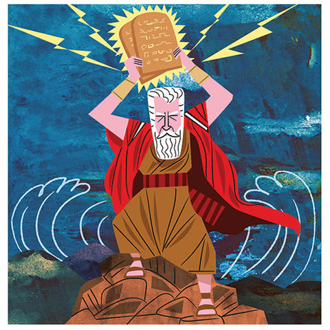 Illustration of Moses about to smash the 10 Commandments tablets.