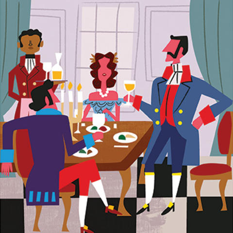 Illustrations of people around a table eating during the 18th century
