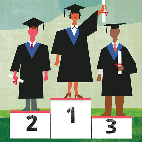 Cartoon style illustration of three graduates holding degrees on a staggered winners podium