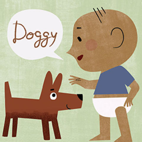 illustration of a baby saying Doggy while looking at a dog