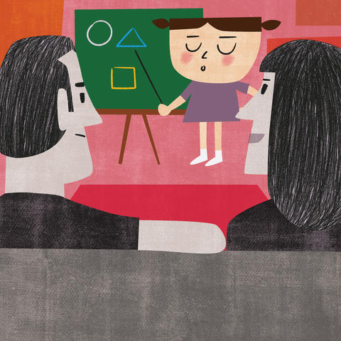 illustration of a baby using a blackboard and point to teach her parents