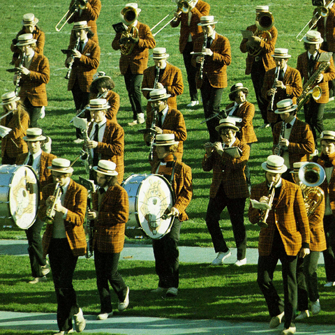 Princeton band performs a field show, circa 1970s-1980s